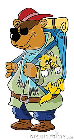 Cartoon brown bear goes to camping with his cat friend vector Vector Illustration