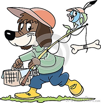 Cartoon brown dog goes fishing with his friend vector Vector Illustration