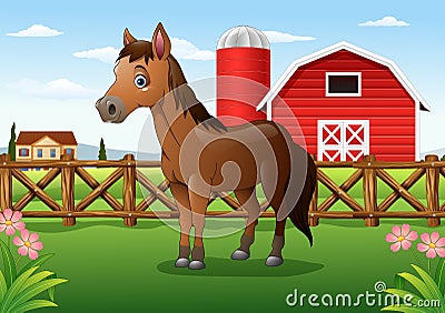 Cartoon brown horse in the farm Vector Illustration