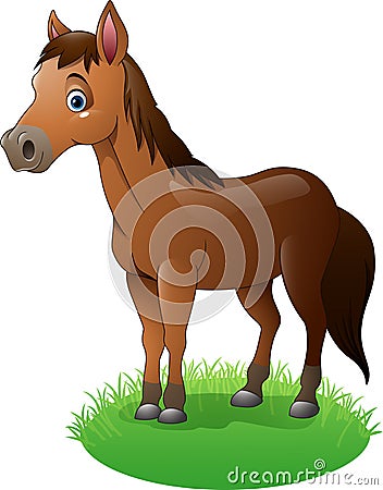 Cartoon brown horse on the grass Vector Illustration