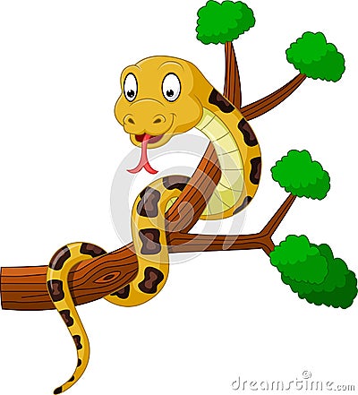 Cartoon brown snake on branch Vector Illustration