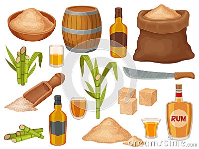 Cartoon brown sugar, rum bottles and sugarcane plant. Natural cane sugar industry. Granulated sweet product heap, spoon Vector Illustration