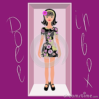 Cartoon brunette doll flowered black short summer dress. The toy is in an open box Vector Illustration