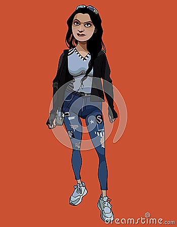 Cartoon woman in jeans and sneakers stands and looks puzzled Vector Illustration