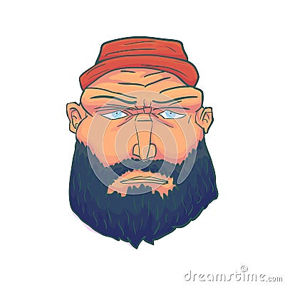 Cartoon Brutal Man Face with Beard and Red Hat. Vector Vector Illustration