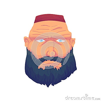 Cartoon Brutal Man Face with Beard and Red Hat. Vector Vector Illustration