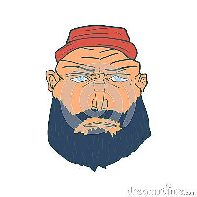 Cartoon Brutal Man Face with Beard and Red Hat. Vector Vector Illustration