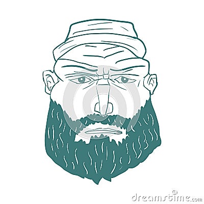 Cartoon Brutal Man Face with Beard. Vector Vector Illustration