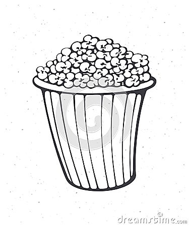 Cartoon bucket full of popcorn. Outline. Striped paper cup with junk snack. Symbol of the film industry and fast food. Vector Illustration