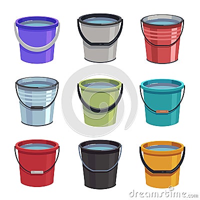 Cartoon buckets. Water pails, metal and plastic bucket. Isolated vector set Vector Illustration