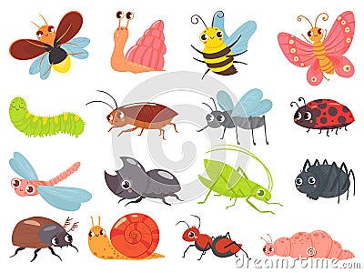 Cartoon bugs. Baby insect, funny happy bug and cute ladybug vector set Vector Illustration