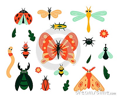 Cartoon bugs. Garden insects and plant leave or flowers. Isolated butterflies, moths and caterpillars. Beetles and Vector Illustration