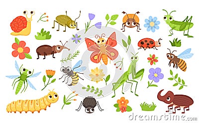 Cartoon bugs and plants. Insect characters with happy faces and colorful flowers. Caterpillar and snail mascots. Buzzing Vector Illustration