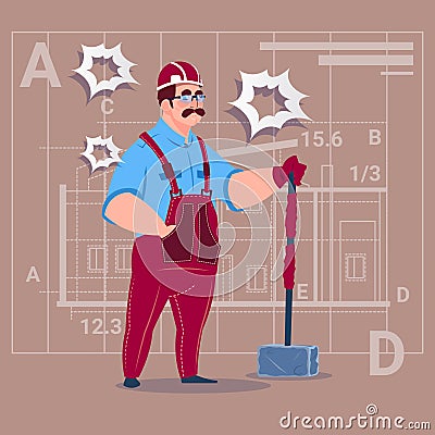 Cartoon Builder Holding Big Hammer Construction Worker Over Abstract Plan Background Male Workman Vector Illustration