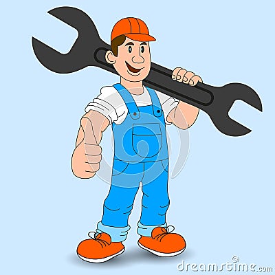 Cartoon builder, mechanic worker with a wrench, vector illustration. Vector Illustration