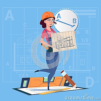 Cartoon Builder Woman Hold Plan Of Building Blueprint Wearing Uniform And Helmet Construction Worker Contractor Vector Illustration