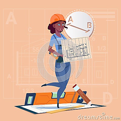 Cartoon Builder Woman Hold Plan Of Building Blueprint Wearing Uniform And Helmet Mix Race Construction Worker Contractor Vector Illustration