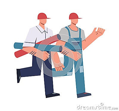 Cartoon builders and architects. Construction worker and master foreman in helmet and uniform going with tube, building Vector Illustration