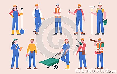 Cartoon builders, construction workers in uniform. Builder female and male characters holding shovel, roller and Vector Illustration