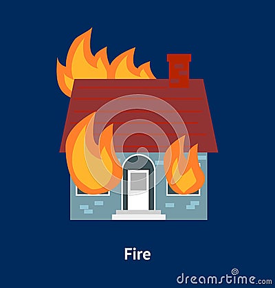 Cartoon Building Disasters Destruction Fire on a Blue. Vector Vector Illustration