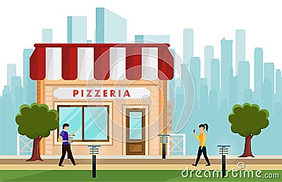 Cartoon Building with Pizzeria Sign on Facade Vector Illustration