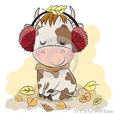 Cartoon bull with fur headphones and scarf Vector Illustration