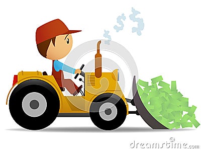 Cartoon bulldozer moving the money Vector Illustration