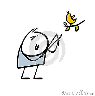 Cartoon bully aimed a slingshot at a live bird on a tree branch. Vector illustration of cruelty to animals and nature Vector Illustration