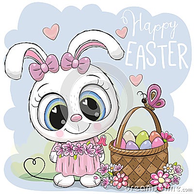 Cartoon Bunny with a basket of Easter eggs Vector Illustration