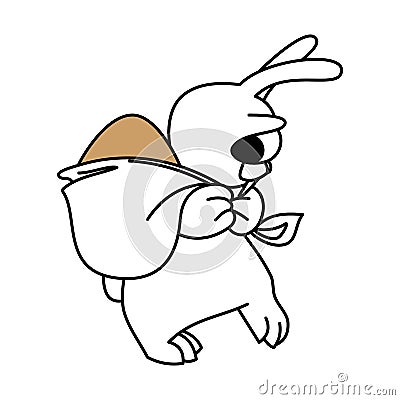 Cartoon bunny carries a golden Easter egg in a bag. Contour design of an easter bunny. Vector Illustration