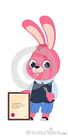 Cartoon bunny with diploma. Pink rabbit holding school leaving document or certificate. Little animal at awards ceremony Vector Illustration