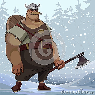 Cartoon burly man in viking clothes with an ax in a snowy forest Vector Illustration