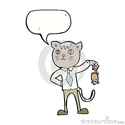 cartoon business cat with dead mouse with speech bubble Stock Photo