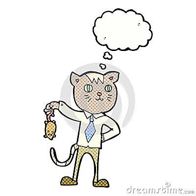 cartoon business cat with dead mouse with thought bubble Stock Photo