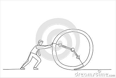 Business Man Push Clock Businessman. Deadline Concept. Continuous line art style Vector Illustration