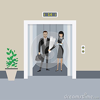 Cartoon business people in elevator or lift with open doors Vector Illustration