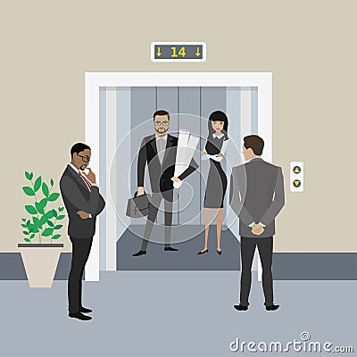 Cartoon business people in elevator and near, lift with open doo Vector Illustration