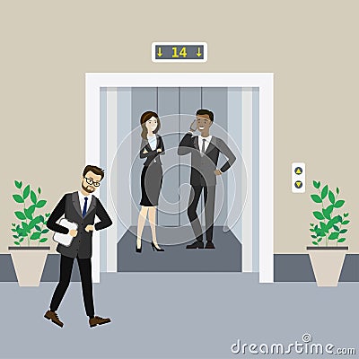 Cartoon business people in elevator and near and lift with open Vector Illustration