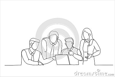 Cartoon of business people working together on new project looking at statistics on laptop. Continuous line art style Vector Illustration