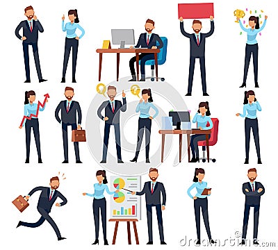 Cartoon business persons. Businessman professional woman in different office work situations. Vector characters set Vector Illustration