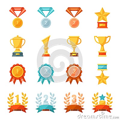 Cartoon business and sport awards and trophy illustration set, Colorful flat vector icons of medals, cups, and bowls Vector Illustration