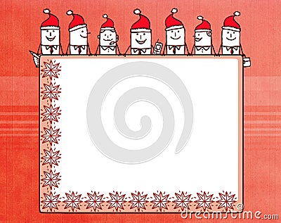 Cartoon business team and Christmas blank board Cartoon Illustration