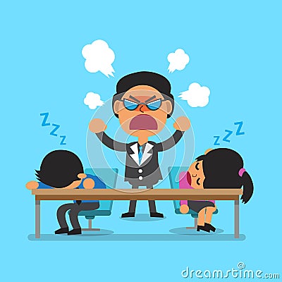 Cartoon business team sleeping and angry boss Vector Illustration