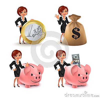 Cartoon business woman money set Vector Illustration