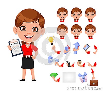 Cartoon business woman, pack of body parts, emotions and things. Vector Illustration