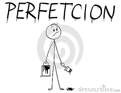 Cartoon of Businessman With Brush and Paint Can Painting the Word Perfection With Spelling Mistake Vector Illustration