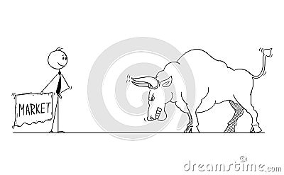 Cartoon of Businessman Bullfighter Provoking Bull as Rising Market Prices Symbol With Cloth or Muleta Vector Illustration