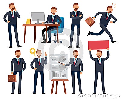 Cartoon businessman. Business professional man in different office work situations. Vector characters set Vector Illustration