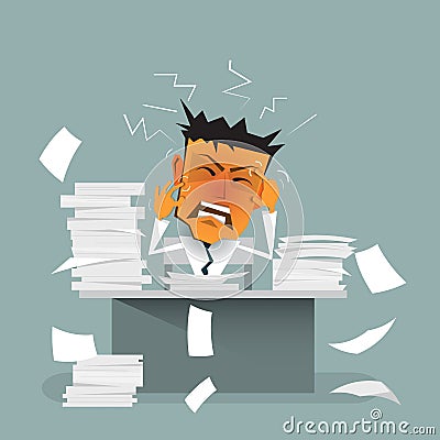 Cartoon businessman busy, stress or tension, overworked, depressed and exhausted Vector Illustration