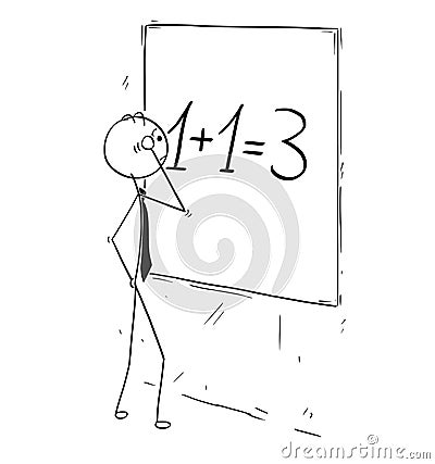 Cartoon of Businessman Calculating Synergy on Wall Board Vector Illustration